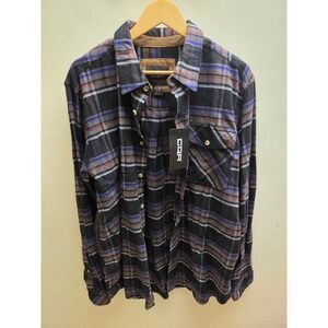 CQR Mens Plaid Flannel Button Up Shirt Black Blue Brown Corduroy Trim Large NWT